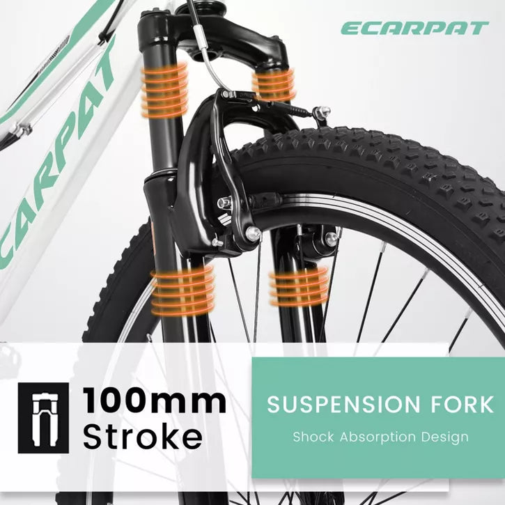 BestParts 24 Inch Mountain Bike for Teens Boys Girls, 21 Speed MTB Bicycle with V Brakes & Front Suspension Fork, for School Commute, White