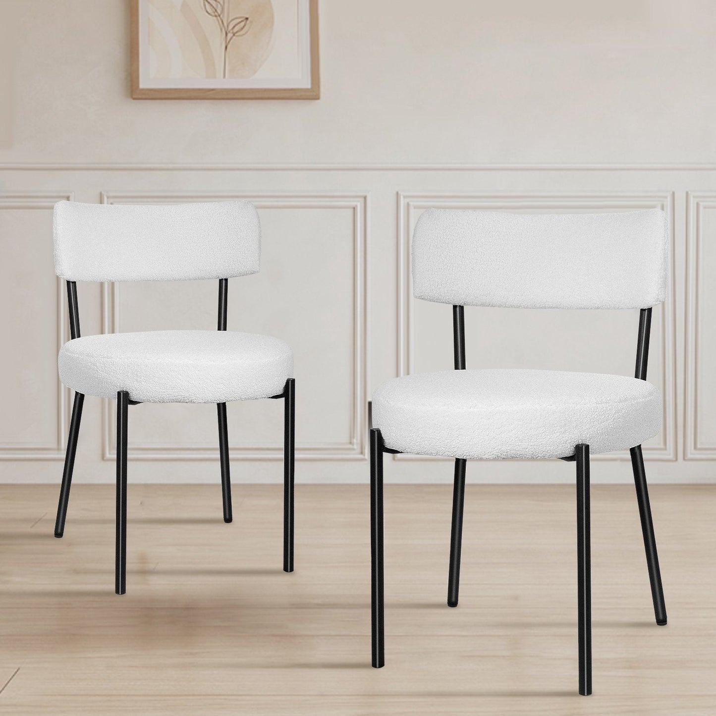 HomeZeer Dining Chair Set of 2, Modern Boucle Upholstered Dining Chair, Dining Room Round Seat with Curved Backrest, White Dining Room Chairs with Black Metal Legs for Kitchen
