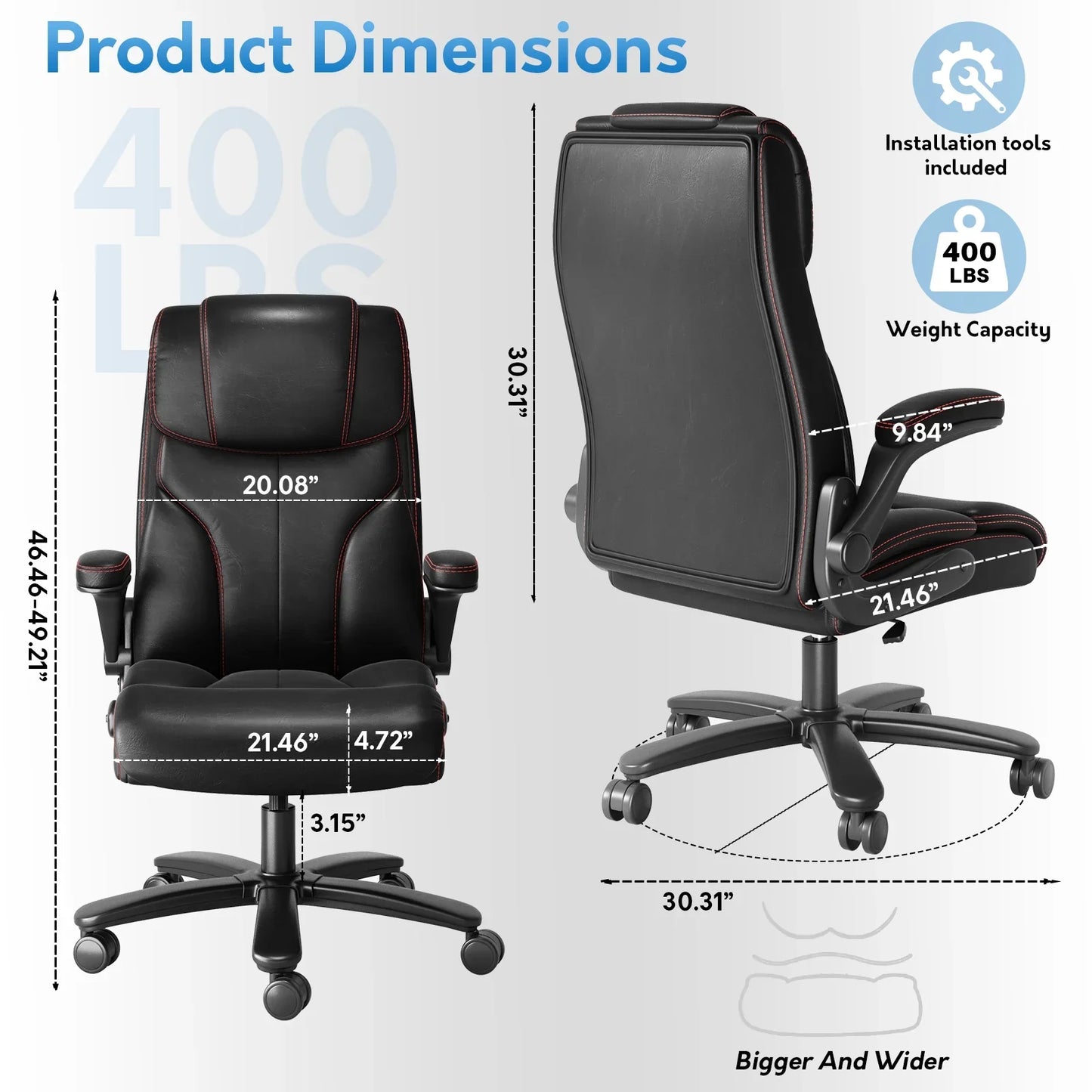 HomeZeer Executive Office Chair, Big and Tall Home Office Chairs 400lbs with Wide Seat, High Back Executive Office Chair with Adjustable Flip up Arm, Heavy Duty Leather Desk Computer Chairs, Black