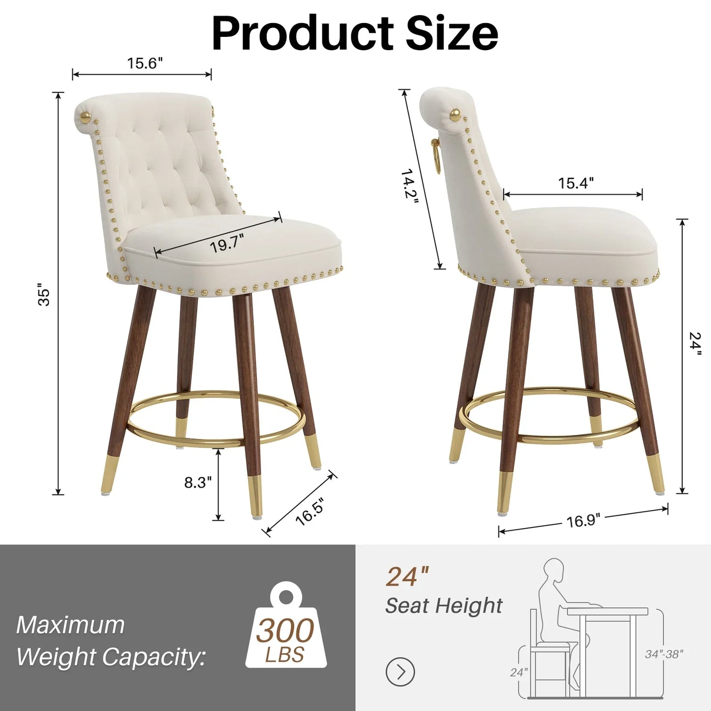 HomeZeer 24" Bar Stools Set of 4, Swivel Counter Height Bar Stools with Back and Footrest, Velvet Upholstered Bar stools with Solid Wood Legs, Button Tufted Barstools for Kitchen Island,Beige