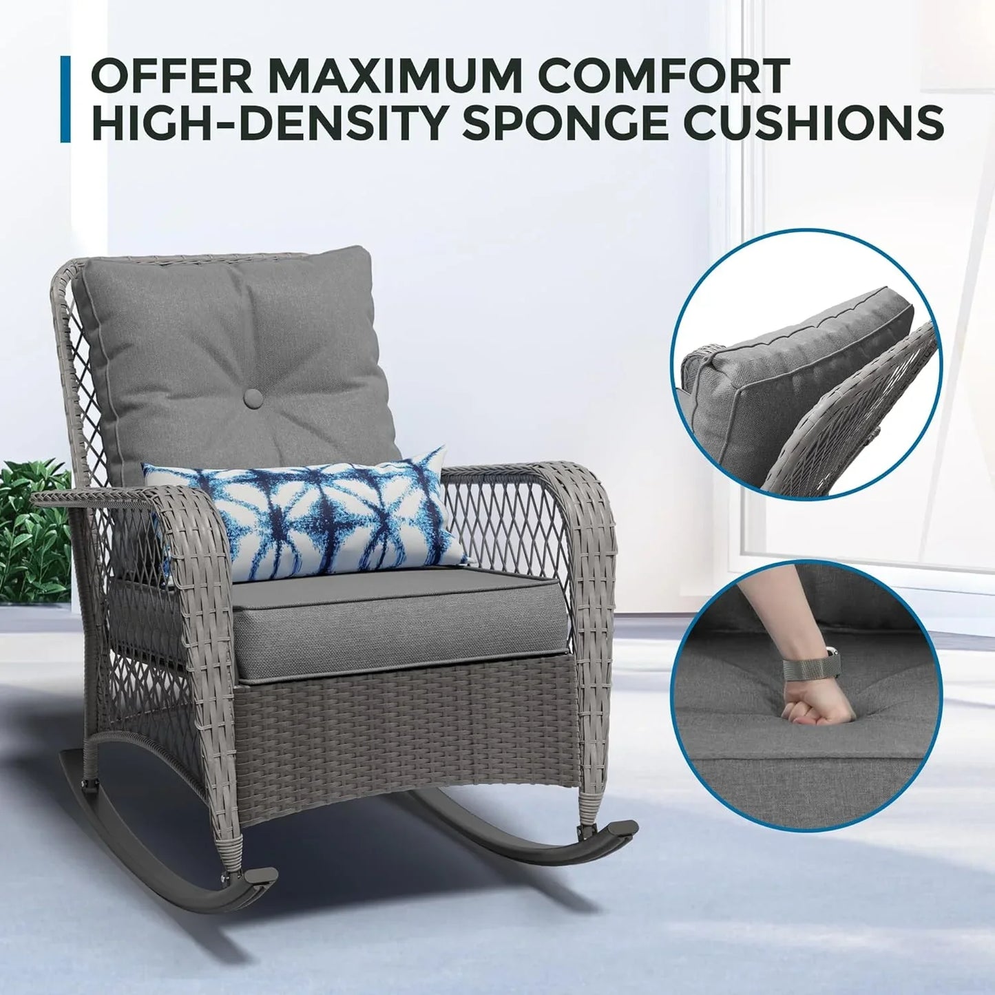 ECOPATIO Outdoor Rocking Chairs Set of 3, Wicker Patio Furniture with Thickened Cushions and Table for Porch£¬350lbs Weight Capacity(Gray)