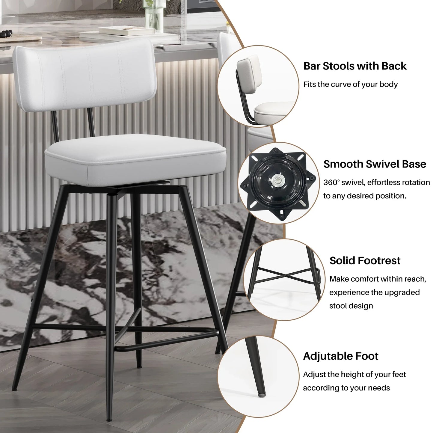 HomeZeer Swivel Bar Stools Set of 4, 26" Counter Height BarStool with Back, Leather Upholstered Kitchen Stools with Footrest and Metal Frame, Bar Chair for Kitchen Island, White