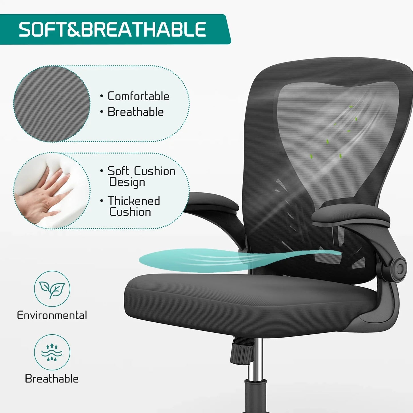 HomeZeer Ergonomic Office Chair, Home Desk Chair with Lumbar Support, Flip-up Arms Mesh Office Chair, Black