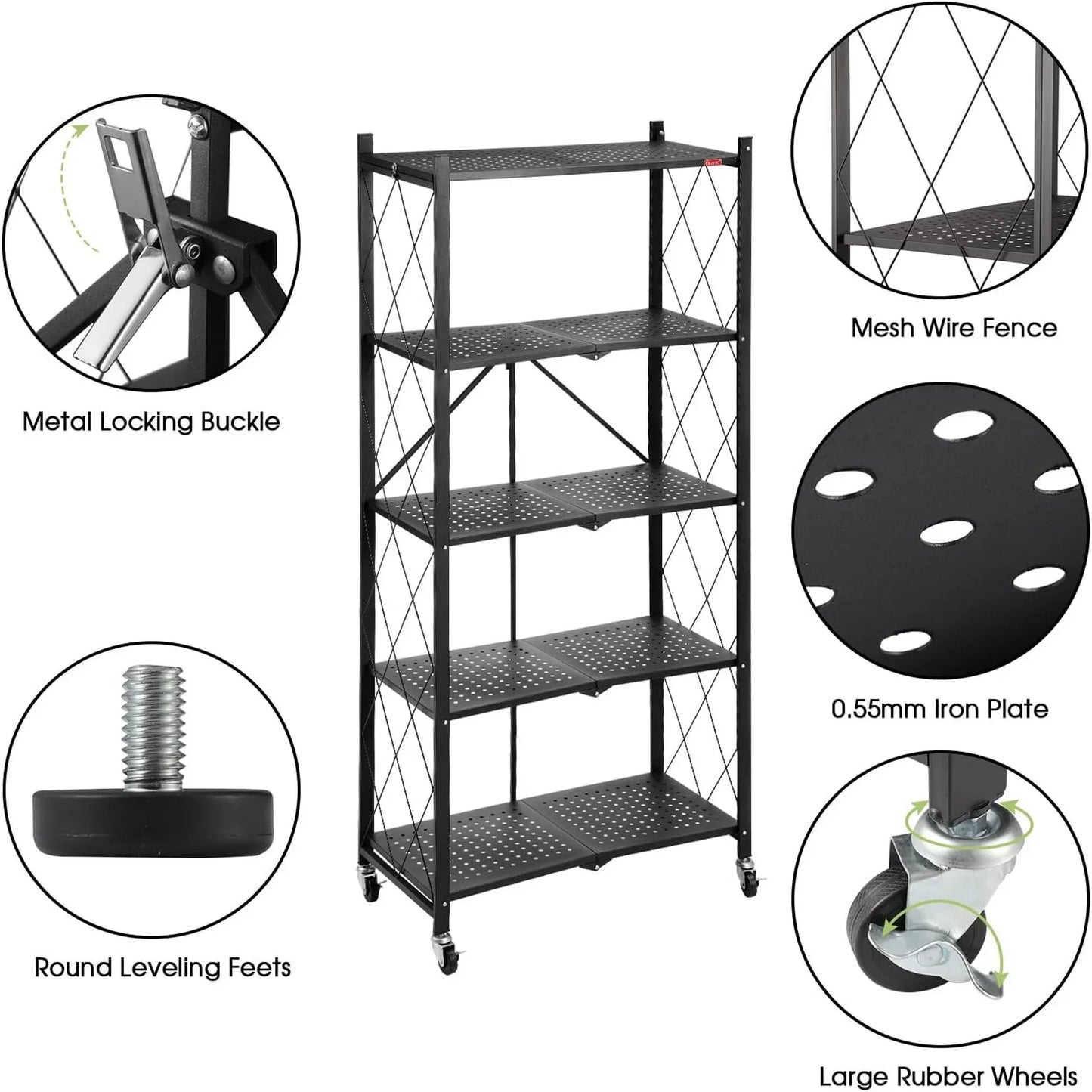 5 tier Storage Shelf, Foldable Shelf with Wheels,Storage Rack on Wheel, Foldable Shelf Unit, Foldable Storage Shelf Garage Shelves and Racks, Heavy Duty Metal Shelf, Kitchen Storage Shelf(2 PACK)