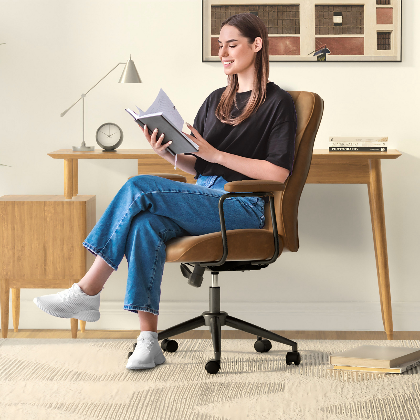 HomeZeer Executive Office Chair, Leather Desk Chairs with Wheels, Ergonomic Desk Chair with Arms,Reclining Computer Chair with Lumbar Support, Brown