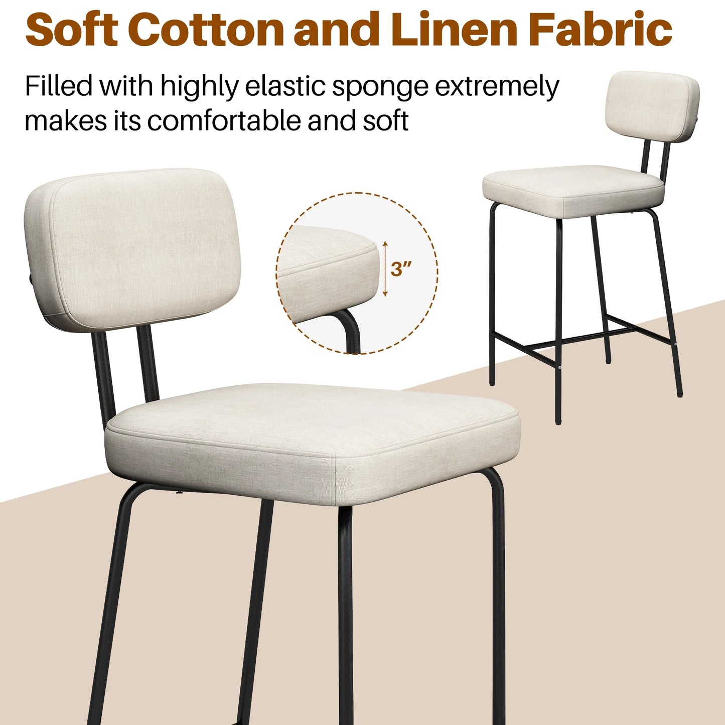 HomeZeer Bar Stools Set of 2, 27" Counter Height Barstools with Back and Footrest, Square Fabric Upholstered Stools, White