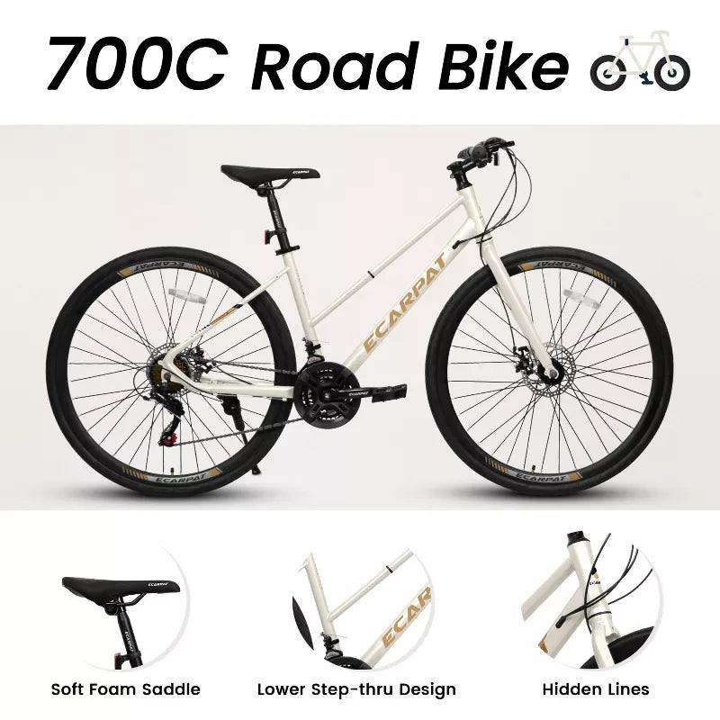 BestParts Road Bike 700CĆ35, 21-Speed Commuter Bike, Urban Hybrid Bicycle, Dual Disc Brakes, for Adults & Students, Cream Steel Frame