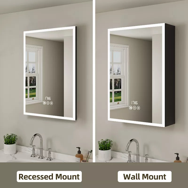 HBEZON Medicine Cabinet with Mirrors and Lights, Recess/Wall Mount Bathroom Cabinet, 3 Mode Light, Dimmable, Sensor Light, Defogger, Clock Temp, Black