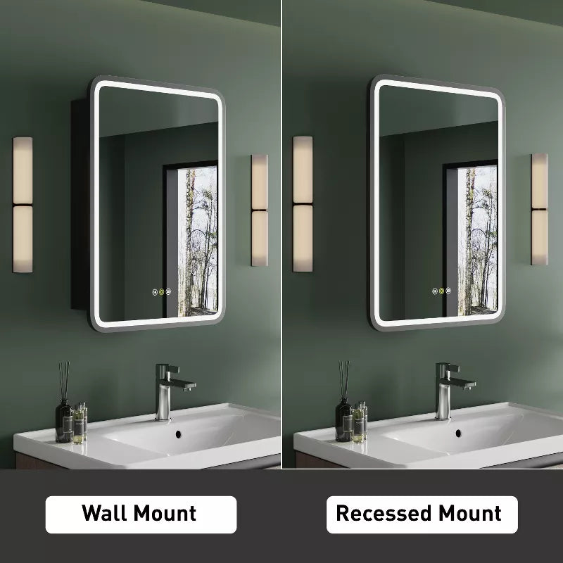 HBEZON Medicine Cabinet with Mirrors and Lights, Recess/Wall Mount Bathroom Cabinet, 3 Mode LED Lights, Anti Fog, Dimmable, Memory Function