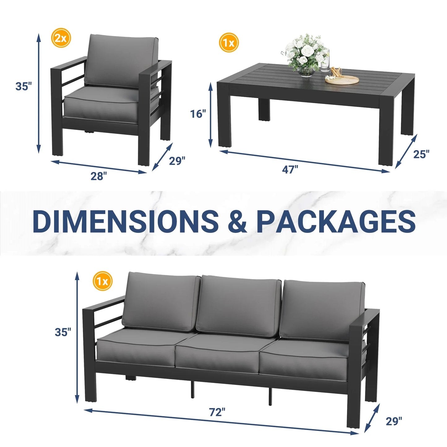 ECOPATIO Aluminum Patio Furniture Set, 6 Pcs Modern Outdoor Sofa Sets, Outdoor Sectional Patio Conversation Set with Coffee Table for Backyard, Poolside, Dark Grey