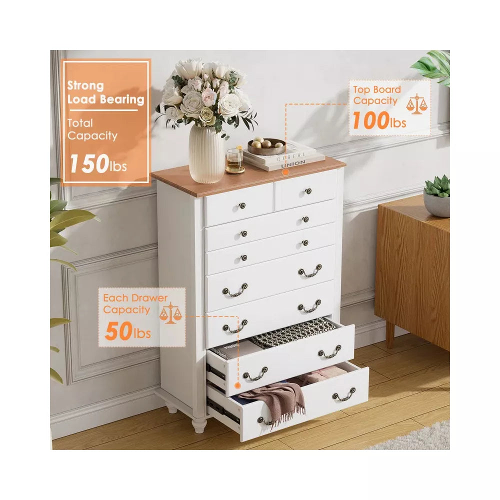 PAKASEPT 43" Farmhouse 8 Drawers Dresser for Bedroom, Tall Wood Chest of Drawers with Vintage Handle for Bedroom, Living Room