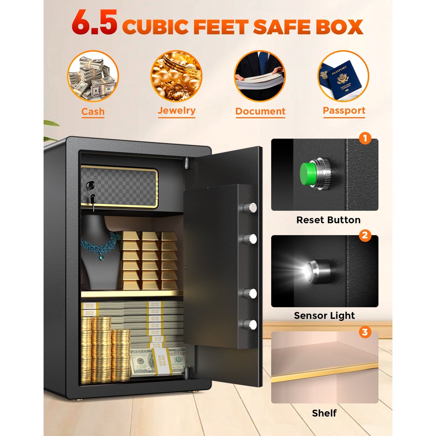 RXDSAFE 3.1 Cube Double Layers Large Safe Box, Home Safe Security Box With Fireproof Document Bag, LCD Screen, Sensor Light Black