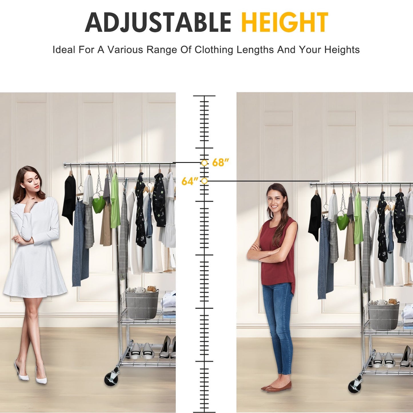 Heavy Duty Clothes Rack with Metal Basket, 625lbs Clothing Racks with Wheels, Rolling Garment Rack for Hanging Clothes, Commercial Adjustable Double Rod Hanging Rack