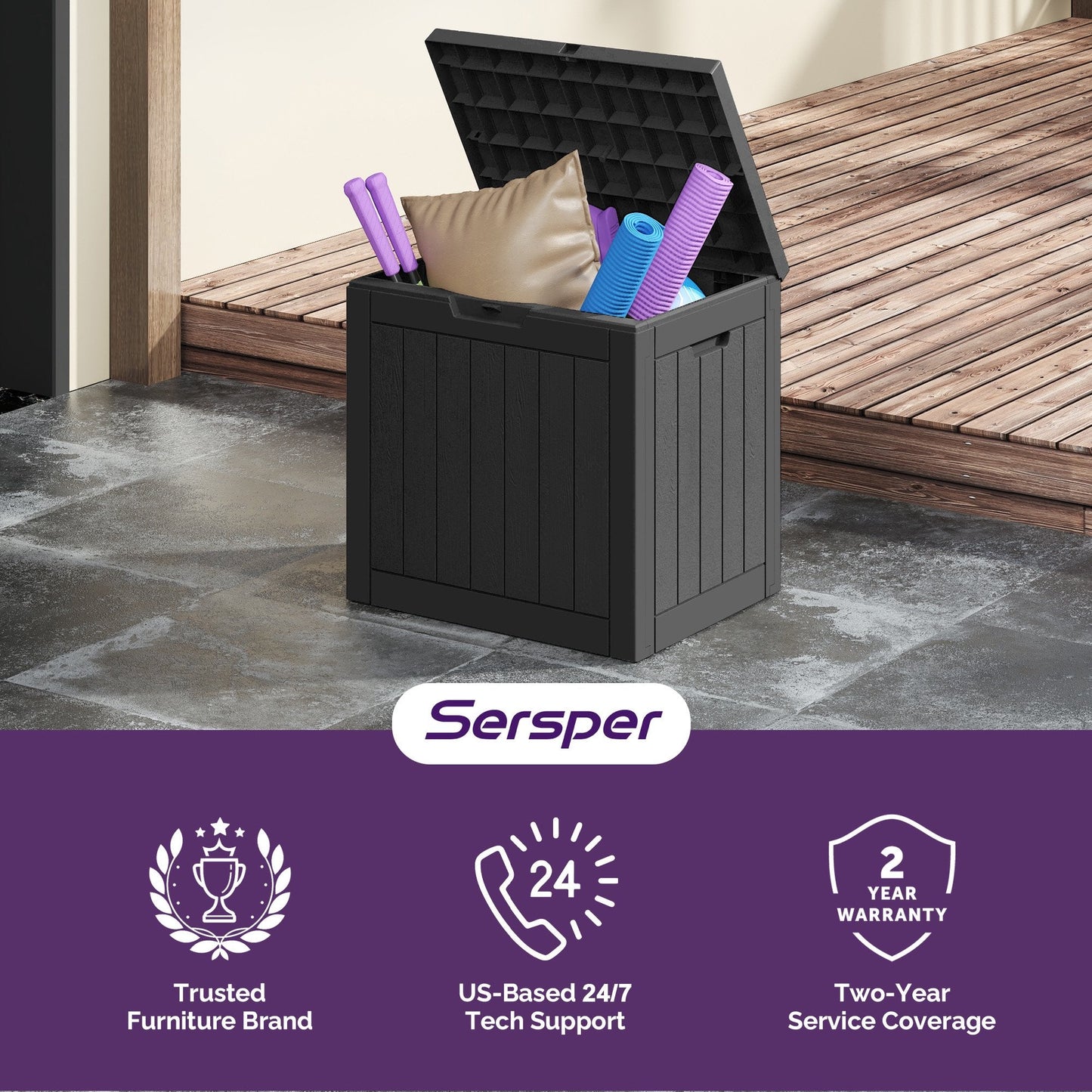 Sersper Deck Box 30 Gallon Black, Waterproof Lockable Steel Outdoor Storage Box for for Patio Furniture, Pool Toys, Garden Tools and Outdoor Cushions
