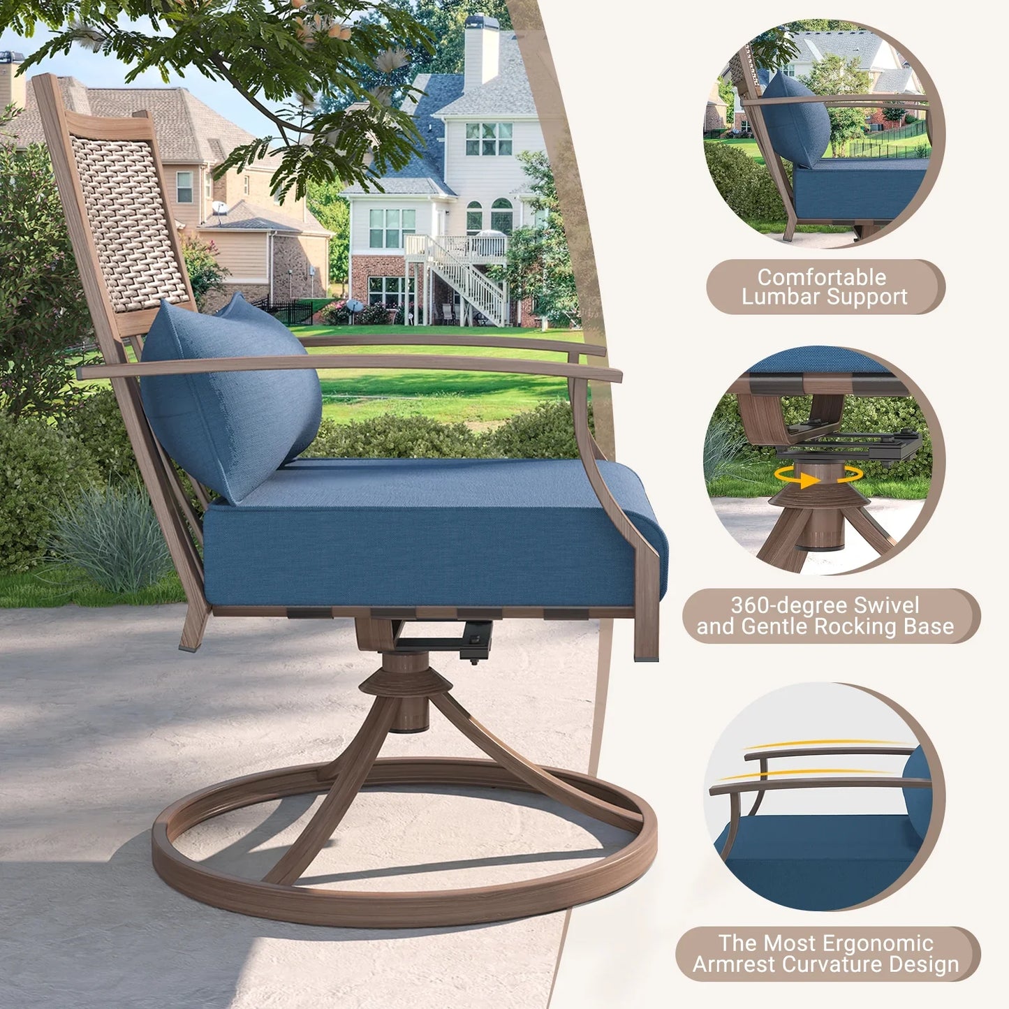 Poteban Patio Swivel Chairs Set of 2, Outdoor Dining Chairs with Deep Seat Cushion, All Weather Swivel Rocker Chairs with Hand-Painted Metal Frame, for Backyard Deck Lawn (Blue)