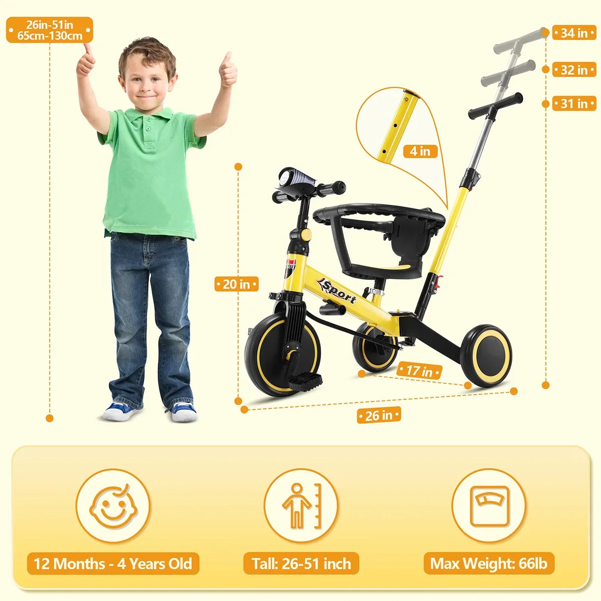 TNTANTS 5 in 1 Toddler Tricycle for 1-3 Years Olds, Toddler Balance Bike with Removable Pedal & Backrest, Parent Push Handle, Colorful Headlights and Kids Music, Birthday Gift for Boy Girl Yellow