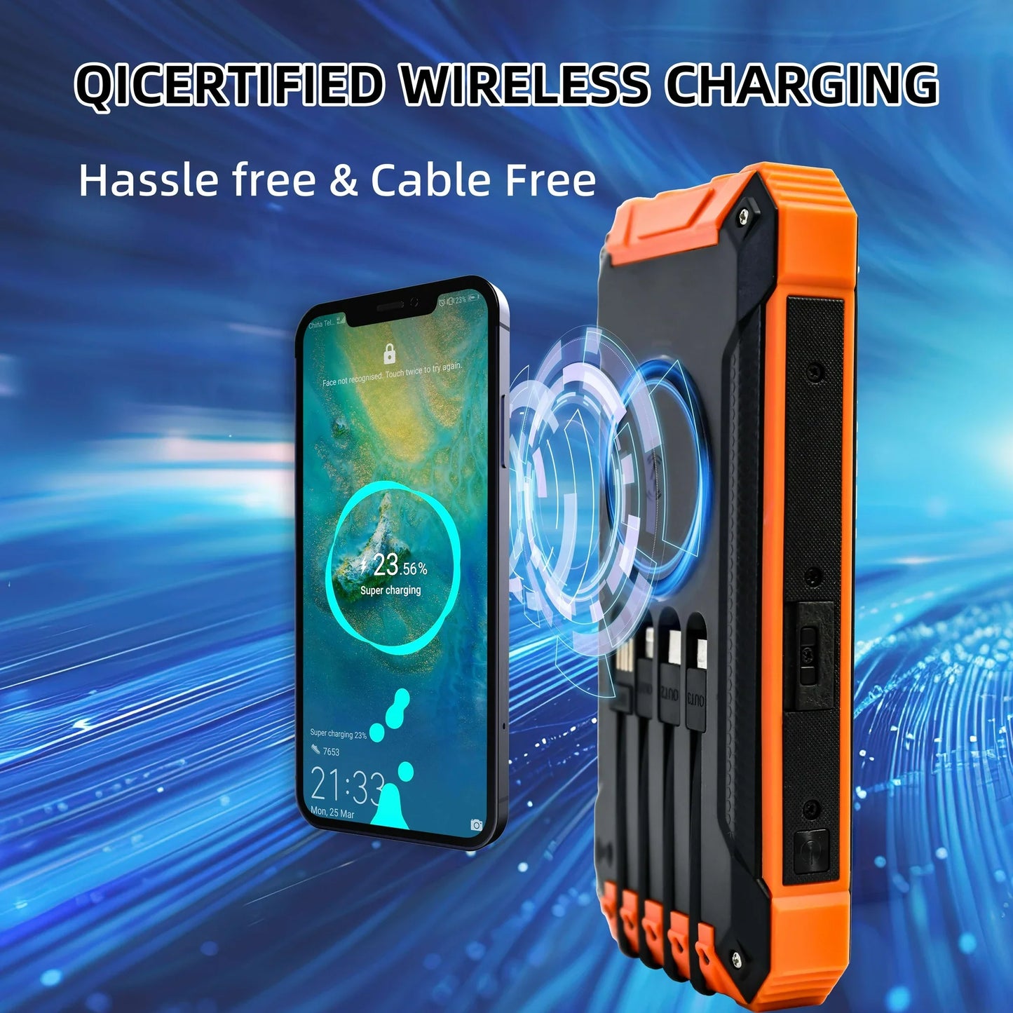 Baokaler 36000mAh Solar Power Bank Battery Pack Qi Wireless, Portable Wireless Charger with 4 Cables