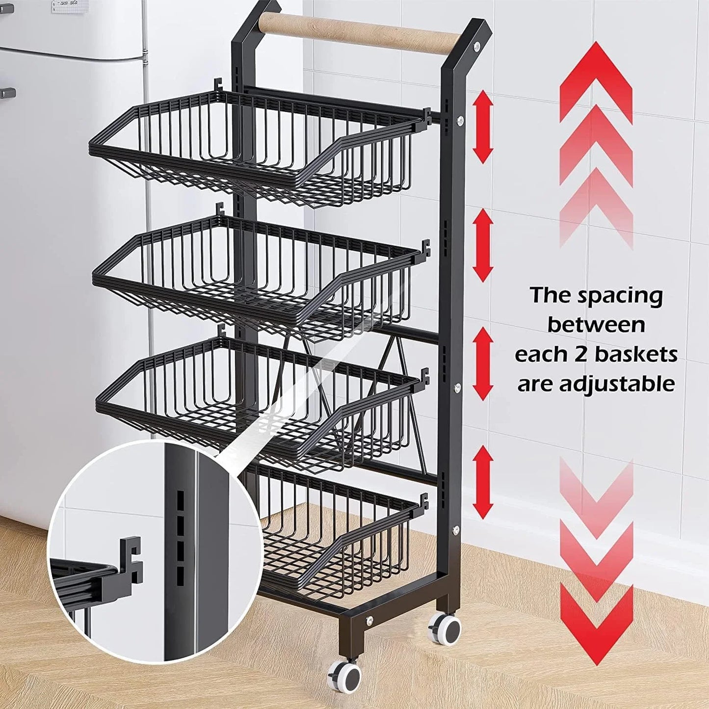 Kitchen Storage Cart with Wheels, 4-Tier Detachable Rolling Cart, Kitchen Vegetable and Fruits Utility Shelf Rack