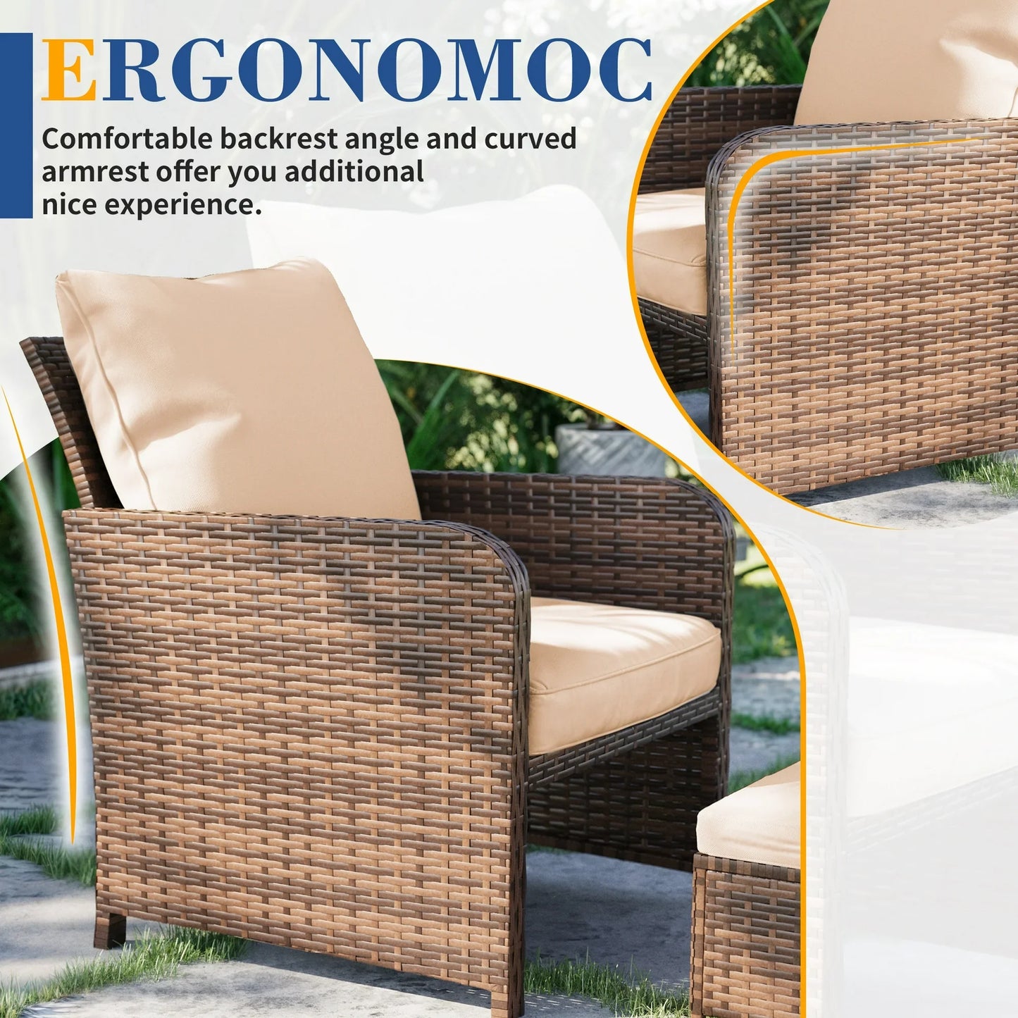 Poteban Balcony Furniture 5 Piece Patio Furniture Set, Outdoor Patio Chair with Ottoman for Front Porch Deck, Wicker Lounge Chair with Side Table, Khaki