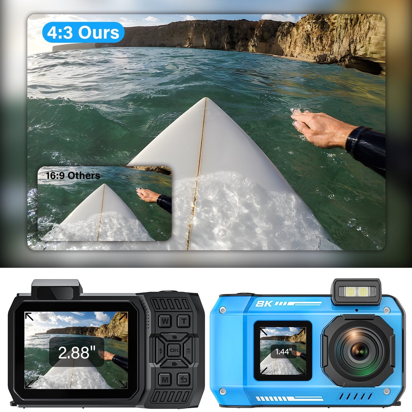 MARVUE Digital Camera 8K 70MP Autofocus Rugged Dustproof Shockproof Waterproof Camera with 32GB Card Dual-Screen Selfie 33FT Underwater Camera for Snorkeling