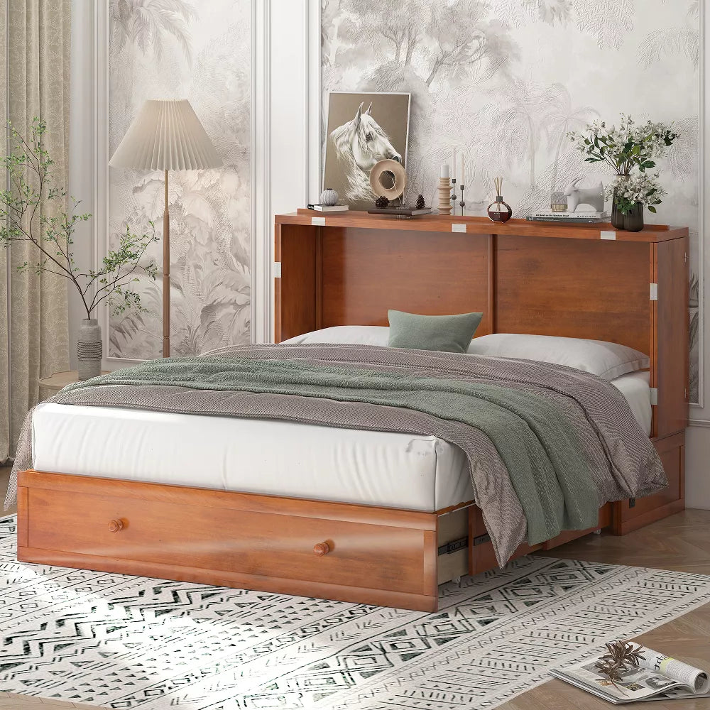 Mjkone Murphy Cube Cabinet Bed, Queen Murphy Bed with Trifold Foam Mattress, Built-in USB Charging Station& Roomy Storage Drawers