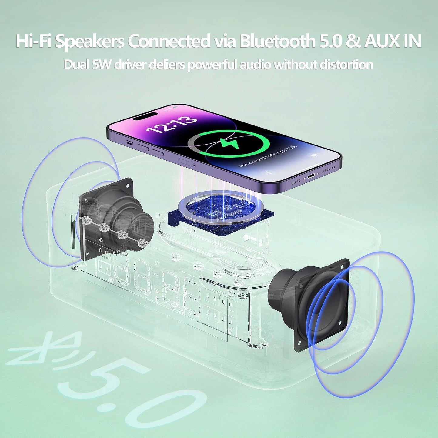 Fansbe Vibrating Digital Alarm Clock Bluetooth Speaker, Wireless Charging Alarm Clock Snooze, Wood