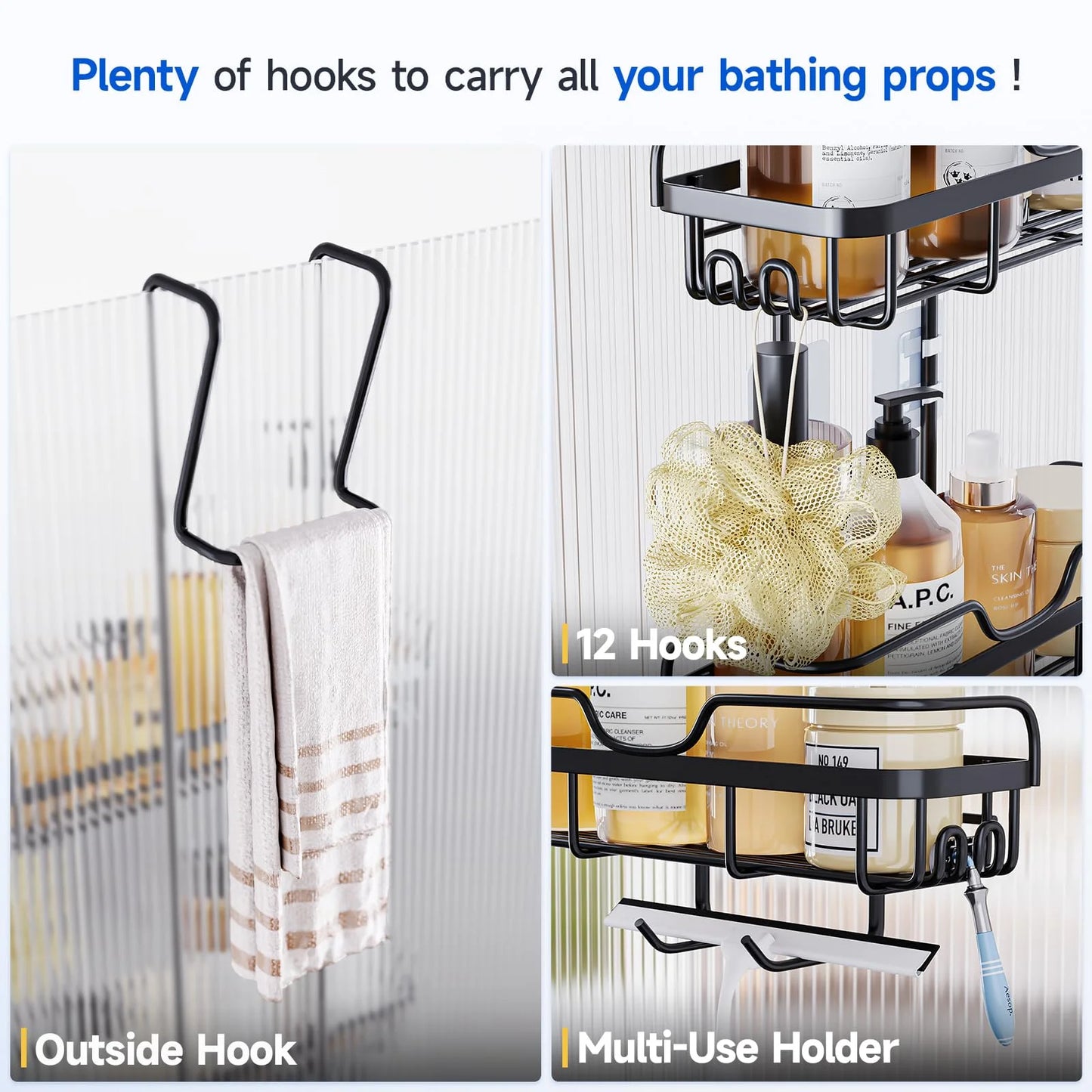 VANCORE Over the Doors Shower Caddy - Hanging Bath Organizer over Door with Hooks for Inside the Shower - Matte Black