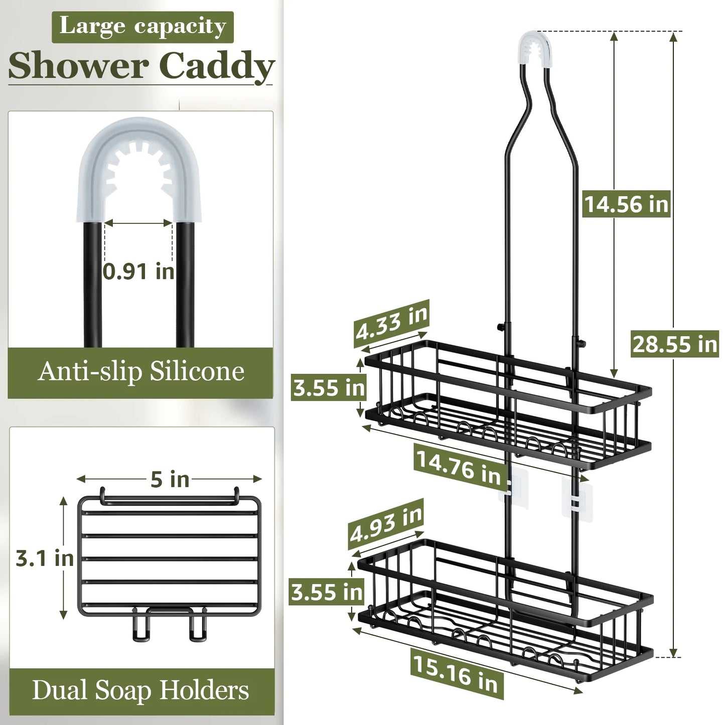 VANCORE Shower Caddy Over Shower Head - Rustproof Stainless Steel Shower Organizer Adjustable Height with Hooks & Soap Holders
