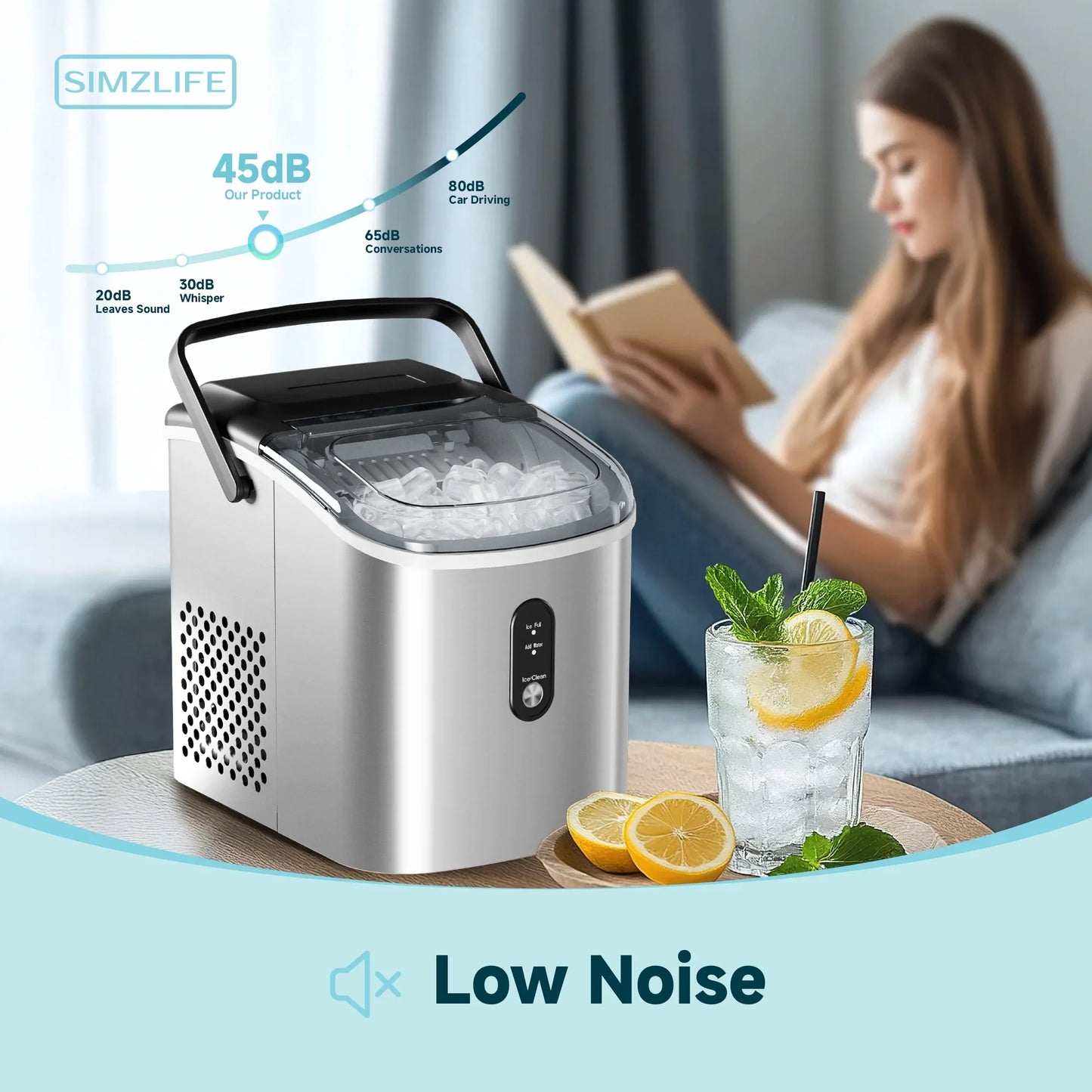 Simzlife Ice Maker Countertop, Portable Ice Machine with Carry Handle, Self-Cleaning Ice Makers with Basket and Scoop, 9 Cubes in 6 Mins, 26 lbs per Day, Ideal for Home, Kitchen, Camping, RV