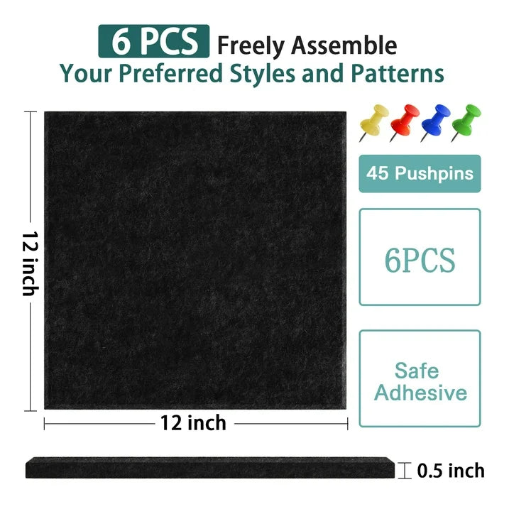 VANCORE Cork Board Felt Thickened Board Tiles for Walls with 45 Push Pins, Pin Board Notice Boards for Home Office Kitchen, Bulletin Board Wall Tiles for Photos Memos, Pack of 6