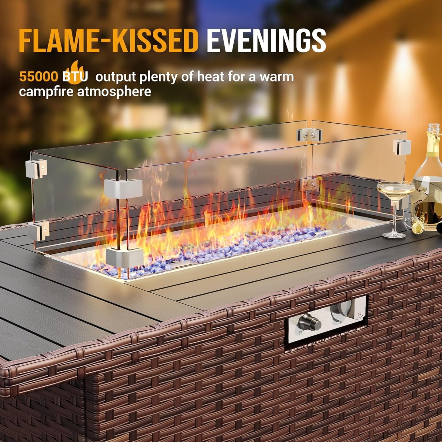 ECOPATIO 43" Rectangular Propane Gas Fire Pit Table for Outside Patio(Brown)