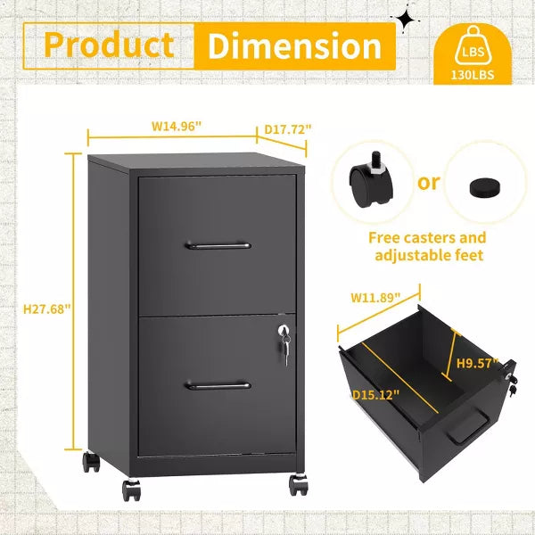 Munora - 2-Drawer Rolling File Cabinet with Lock - Mobile Storage for Letter/Legal/A4 Files - Black