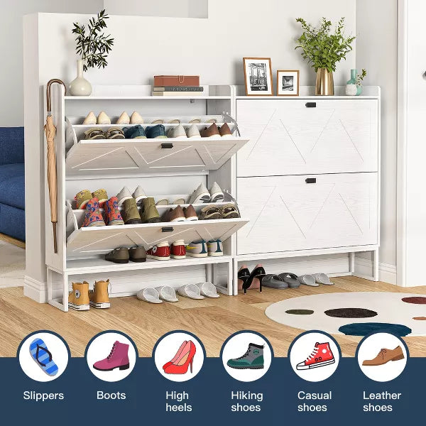 Resenkos Entryway Shoe Storage Cabinet with 2 Flip Drawers, Freestanding Shoe Cabinet Organizer with Open Storage, Narrow Farmhouse Shoe Rack with