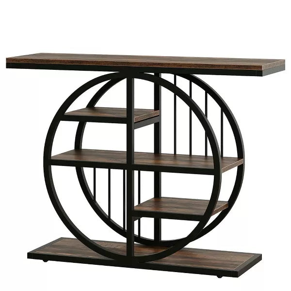 Resenkos Entryway Table, Console Sofa Table,39" Console Table, 5-Tier Entryway Table Sofa Table with Circle Base Brown