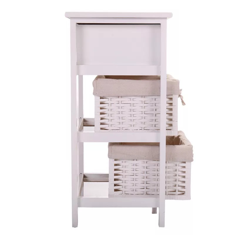 Resenkos Nightstand End Side Table, 3 Tiers 1 Drawer, Bedroom Home Storage Furniture w/ 2 Wicker Basket - White
