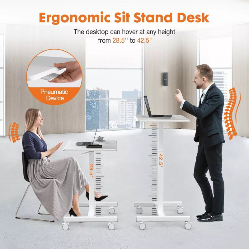 Bencmate Desks Mobile Small Standing Desk Adjustable Height, Portable Roller Desk with Wheels, Laptop Standing Desk, White, 25.7"*19"*28.5"