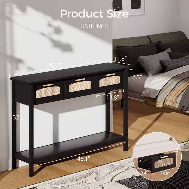 Glasflength Decorative Storage Cabinets, Mid Century End Table with Drawer, Living Room Rattan Storage Table, Kitchen Cabinet, Black 47.2"*11.8"*32.1"