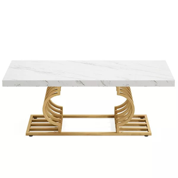 Resenkos Center Coffee Table, Living Room Table,Rectangular Coffee Table, 47" Faux Marble Cocktail Table with Geometric Frame White+Golden