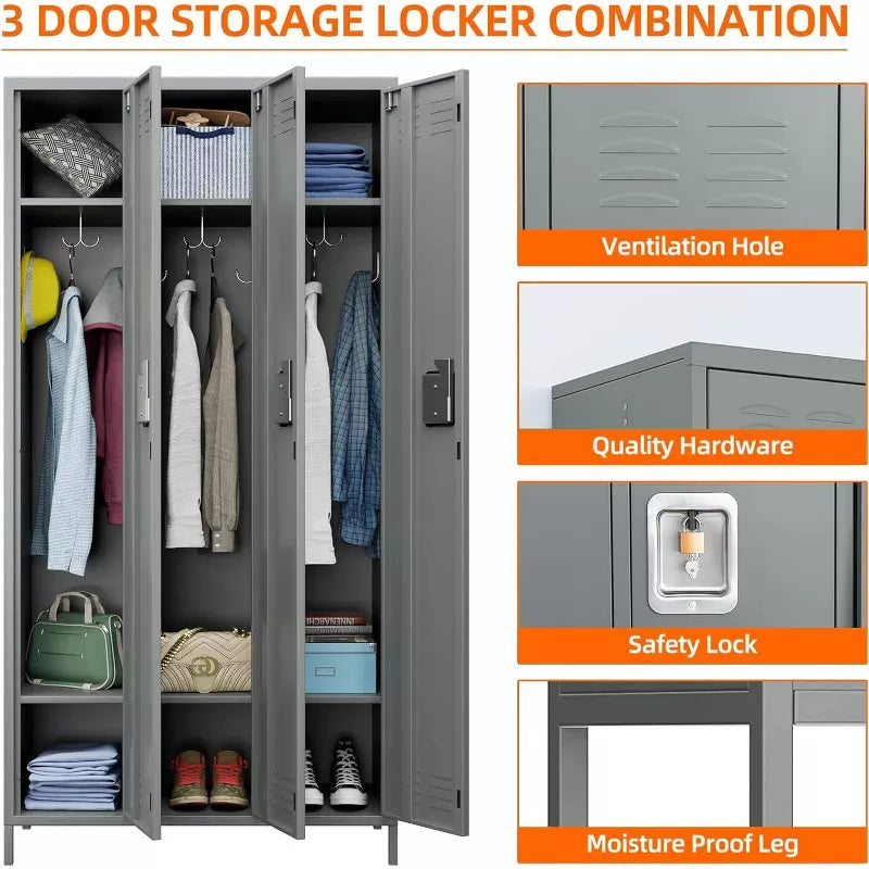 AOBABO Metal Lockers For Employees School Office Gym Home Lockers Storage,3 Doors Lockers With 6 Shelves And 6 Hooks, Assembly Required, Black