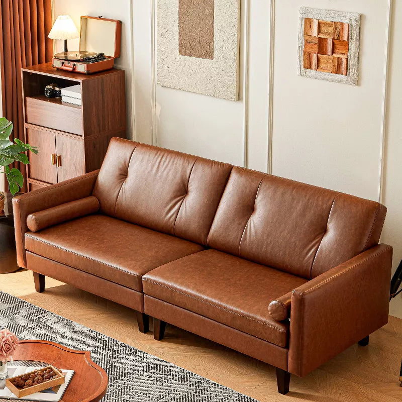 ATJafurn 86 inch Genuine Leather Sofa, Mid-Century Modern Upholstered Sectional Couch Retro Luxurious Loveseat for Living Room Bedroom Office