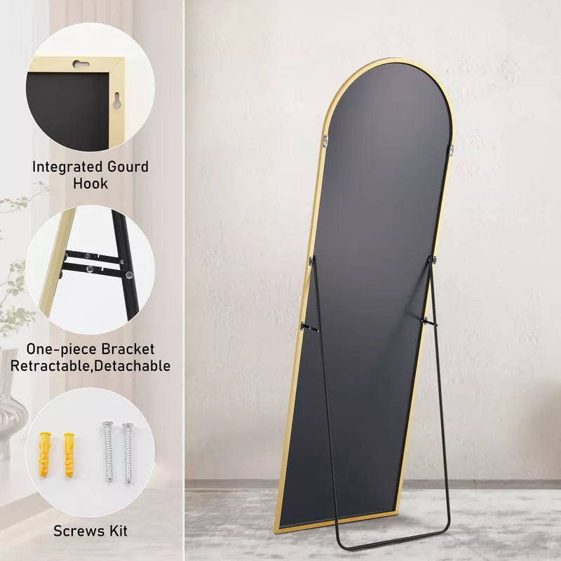 GlasFlength Full Length Mirrors Floor Standing Mirror, Wall Mirror with Stand Aluminum Alloy Thin Frame, Arched Gold 64"*13.7"*21"