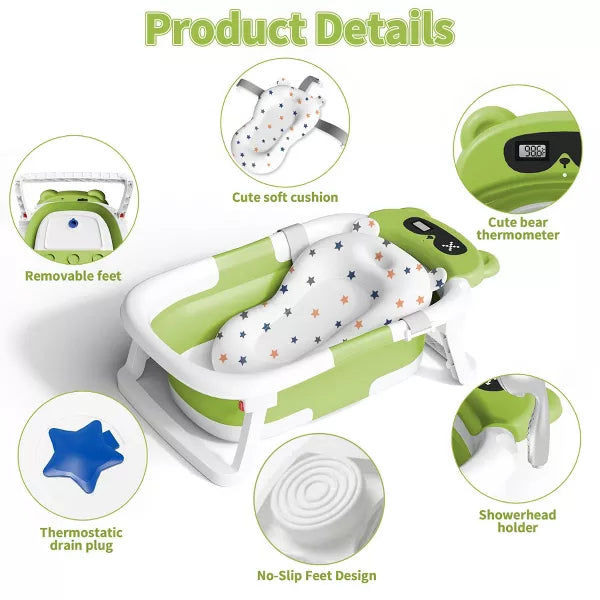 BabyBond Collapsible Baby Bathtub for Infants and Toddlers with Thermometer& 1 Soft Floating Cushion Portable Travel Baby Tub