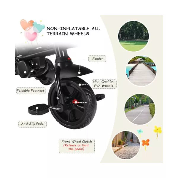 Kinder King 7 in 1 Kids Baby Stroller Tricycle Folding Toddler Trike w Adjustable Push Handle