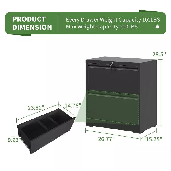 Munora - 2-Drawer Lateral File Cabinet with Lock - Wide Storage for Letter/Legal/A4 Files - Black