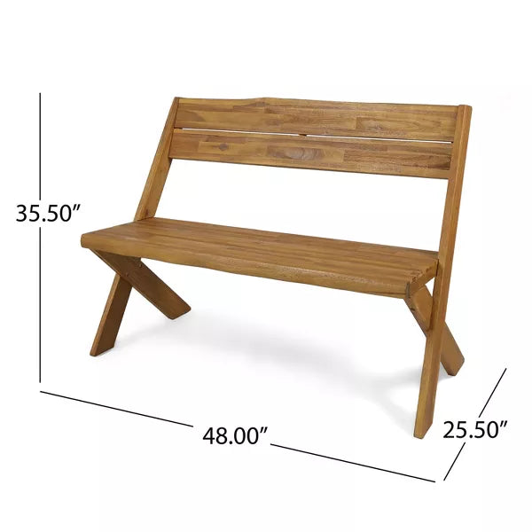Wooakway Rustic 48" L Sandblast Teak Finished Acacia Wood Patio Bench with Reclined Seat Back Classic Slat Panel Durable Solid Hardwood Frame