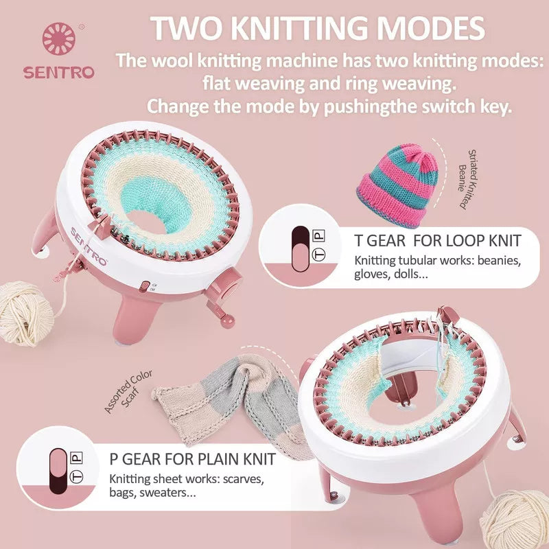 SENTRO 40-Needle Knitting Machine - Pink | Make Scarves, Hats, Socks Fast | Includes Flat/Tube Key, Easy for Beginners & Kids