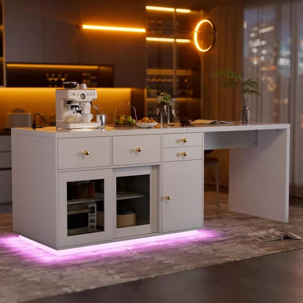 PAKASEPT 78.7" Kitchen Island with LED Light, Kitchen Cabinet with 4 Drawers, Open Shelves, Power Outlet for Dining Room