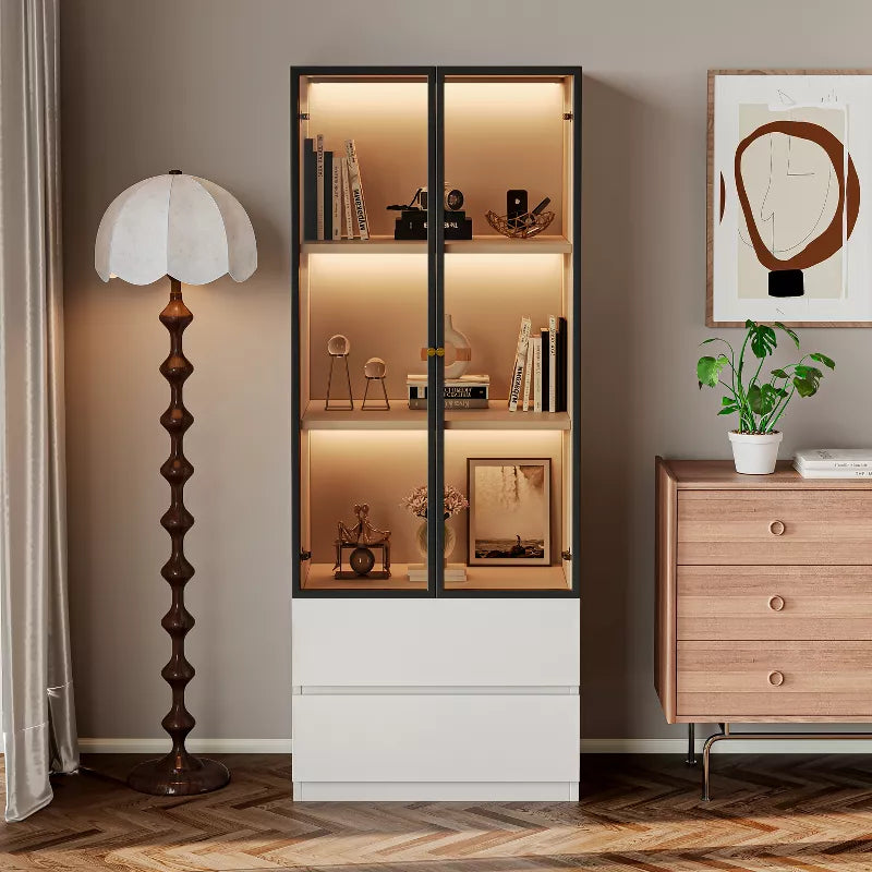 ATJafurn 23.6'' Lighted Glass Display Cabinet, Modern Dining Storage China Cabinet With Glass Doors For Kitchen Dining Room and Living Room White