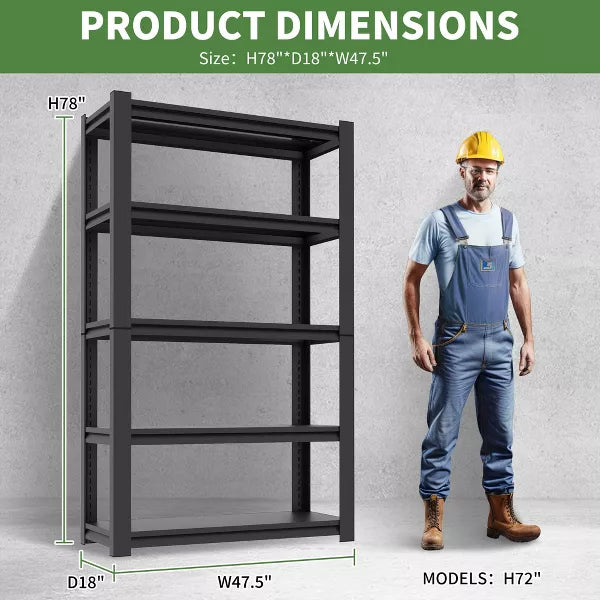 Munora 60"H 5-Tier Narrow Garage Shelving Unit, Adjustable Metal Storage Rack, 1500 lbs Capacity, Powder-Coated Steel Frame, 27.56"W x 12.01"D, Black