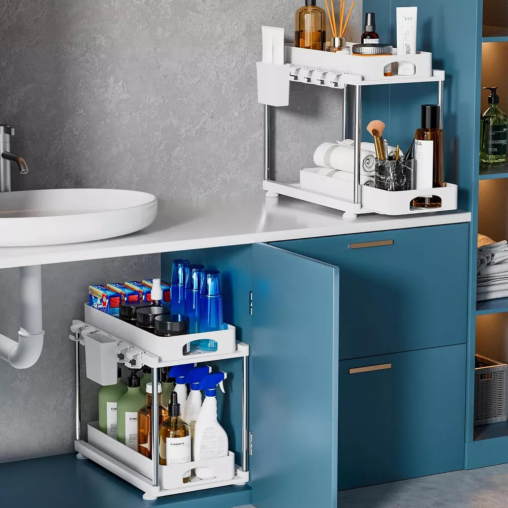 MaseiKar 2 Pack Under Sink Organizer, Under Sink Organizers and Storage for Kitchen Bathroom, Cabinet Organizer with Two Slide-Out Drawers